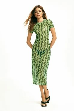 SOLADO Mesh Abstract Print Short Sleeve Midi Dress Without Thong