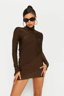 SOLADO Mock Neck Seam Detail Long Sleeve Mini Dress