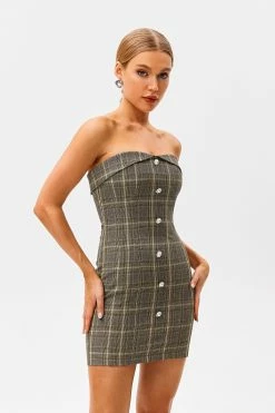 Alternative view of SOLADO Off Shoulder Check Print Button Decor Mini Dress Without Top