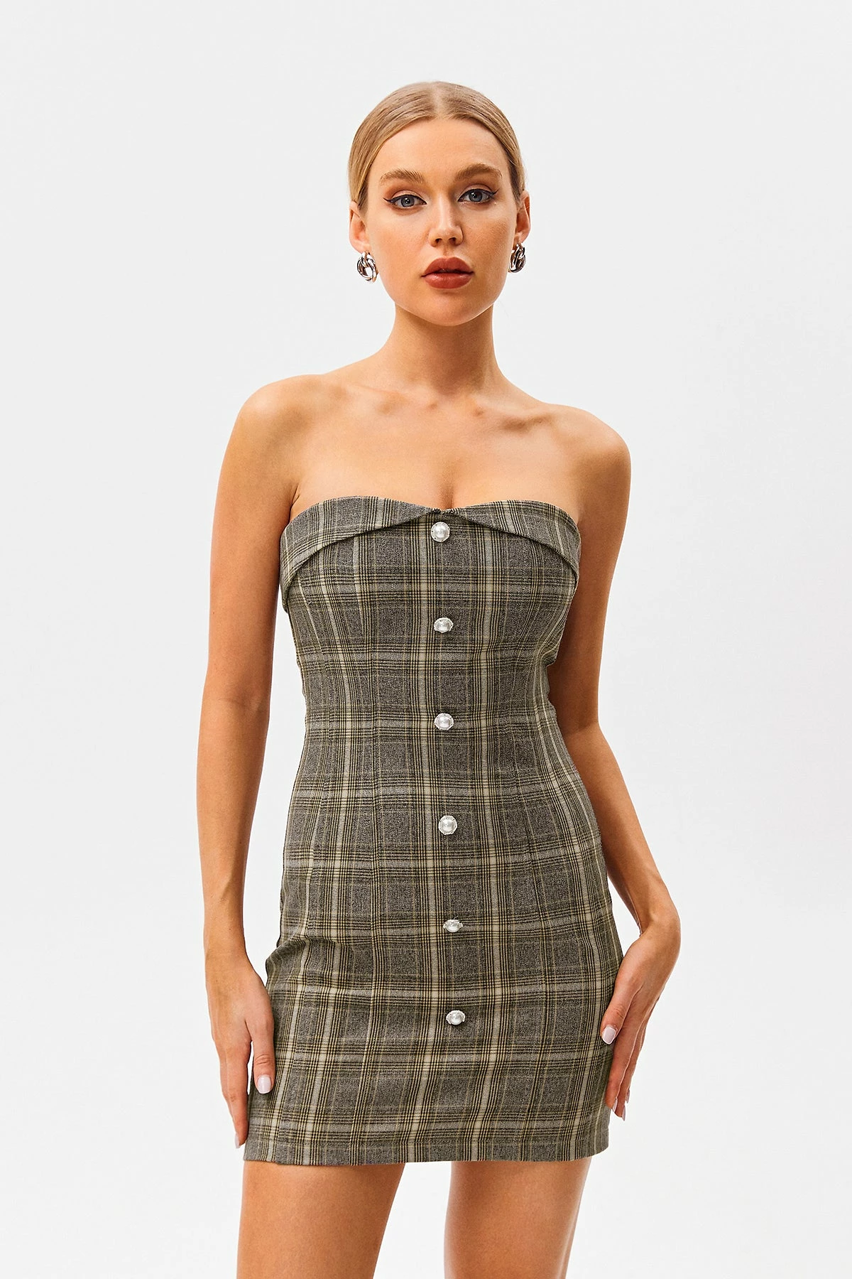 SOLADO Off Shoulder Check Print Button Decor Mini Dress Without Top 1 SOLADO Off Shoulder Check Print Button Decor Mini Dress Without Top