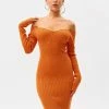 SOLADO Off Shoulder Ribbed Knit Long Sleeve Sweater Dress