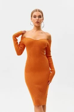 SOLADO Off Shoulder Ribbed Knit Long Sleeve Sweater Dress