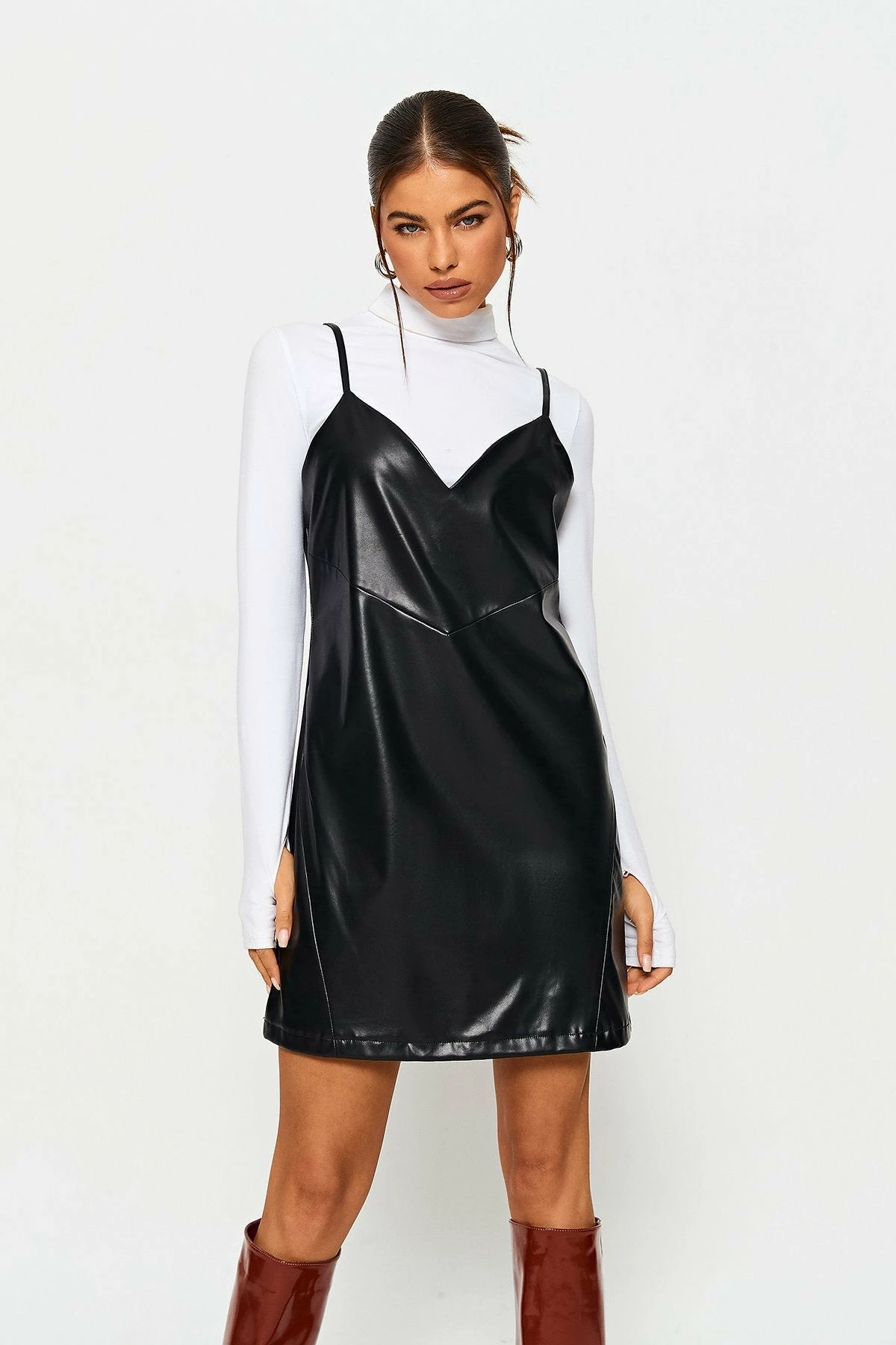 SOLADO Adjustable Strap Plunging Neck PU Leather Mini Dress Without Top 1 SOLADO Adjustable Strap Plunging Neck PU Leather Mini Dress Without Top