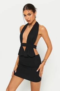 SOLADO Plunging Neck Open Back Ruched Mini Dress