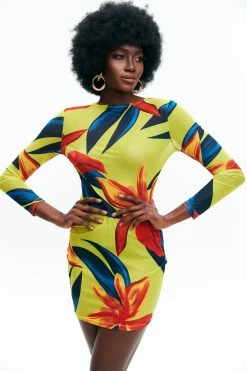 Solado Abstract Print Long Sleeve Bodycon Mini Dress