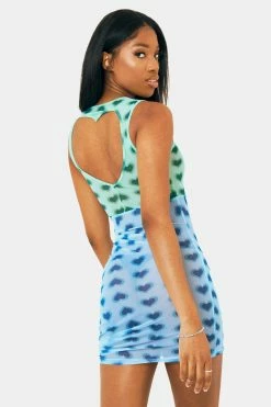 SOLADO Mesh Heart Print Two Tone Drawstring Mini Dress
