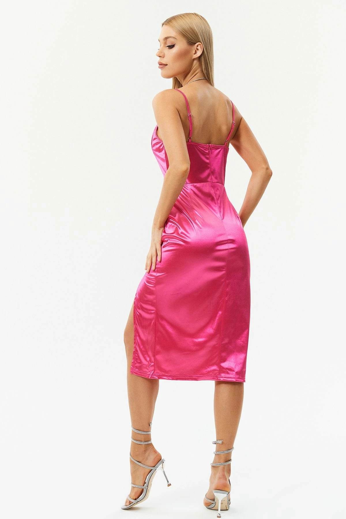 Solado Square Neck Satin Split Hem Midi Dress 4 Solado Square Neck Satin Split Hem Midi Dress - Image 4