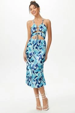 Solado Abstract Print Drawstring Ruched Backless Maxi Dress