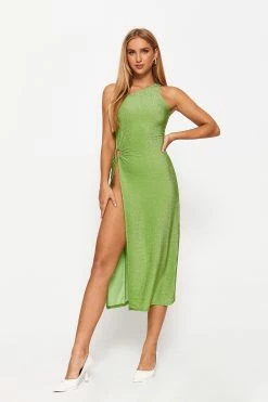 Solado One Shoulder O-Ring Decor Split Hem Lurex Midi Dress