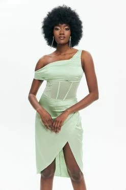 Solado Asymmetrical Neck Mesh Splicing Midi Dress