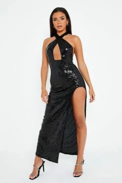 SOLADO Halter Neck Open Back Split Hem Sequin Maxi Dress