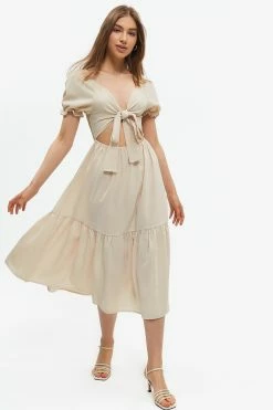 Solado Plunging Neck Cut Out Puff Sleeve Maxi Dress