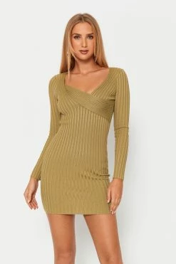 Solado Asymmetrical Neck Stripe Knitted Long Sleeve Mini Dress