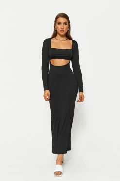 Solado Square Neck Cut Out Open Back Long Sleeve Maxi Dress