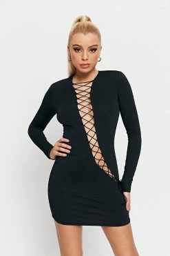 SOLADO Lace Up Cinched Waist Long Sleeve Mini Dress