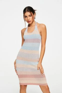 Solado Halter Neck Contrast Color Stripe Knitted Midi Dress