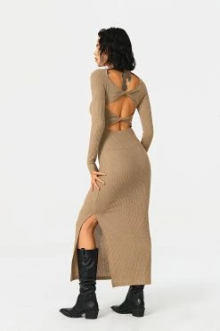 SOLADO Twist Backless Stripe Knitted Split Hem Maxi Dress