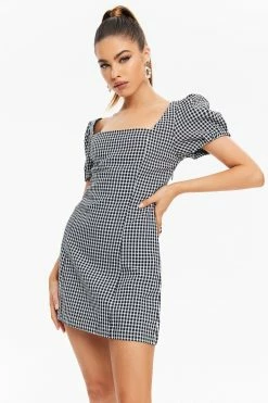 Solado Check Print Lace Up Backless Puff Sleeve Mini Dress