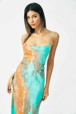 Solado Abstract Print Cross Tie Backless Drape Midi Dress