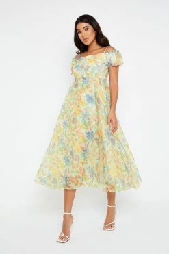 Solado Floral Print Cold Shoulder Lace Up Mesh Maxi Dress