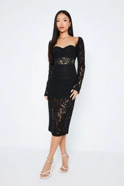 SOLADO Sweetheart Lace Splicing Long Sleeve Midi Dress