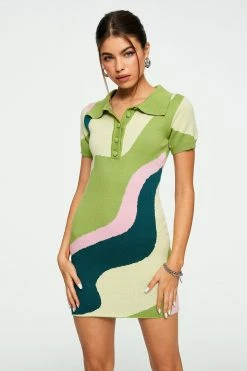 Solado Colorblock Swirl Print Short Sleeve Knitted Mini Dress