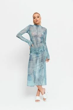 Solado Mock Neck Abstract Print Split Hem Mesh Maxi Dress