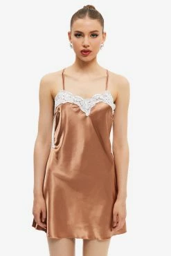 Solado Satin Lace Trim Cross Over Backless Mini Dress