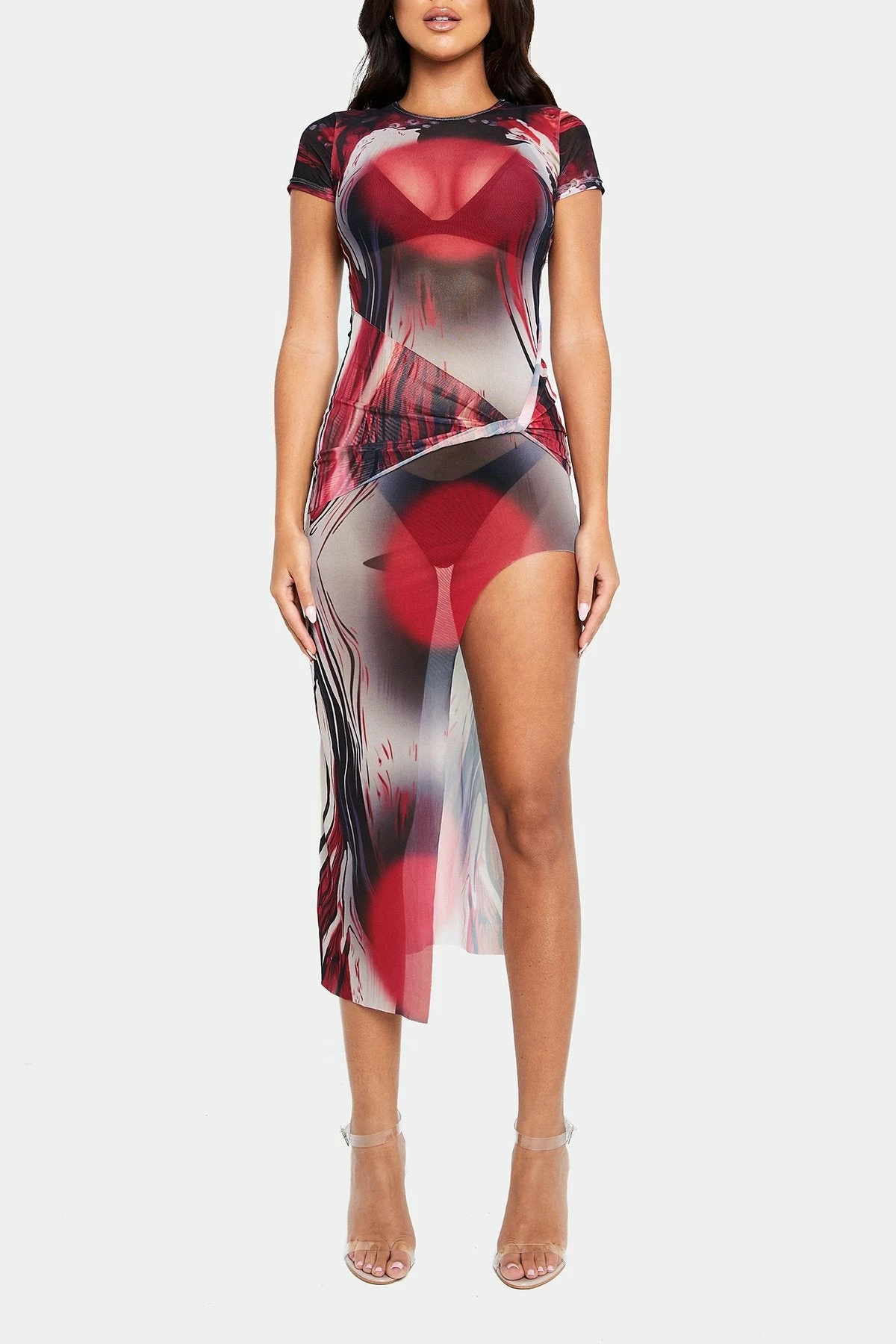 Solado Abstract Print Split Hem Short Sleeve Mesh Midi Dress Without Underwaer 6 Solado Abstract Print Split Hem Short Sleeve Mesh Midi Dress Without Underwaer - Image 6