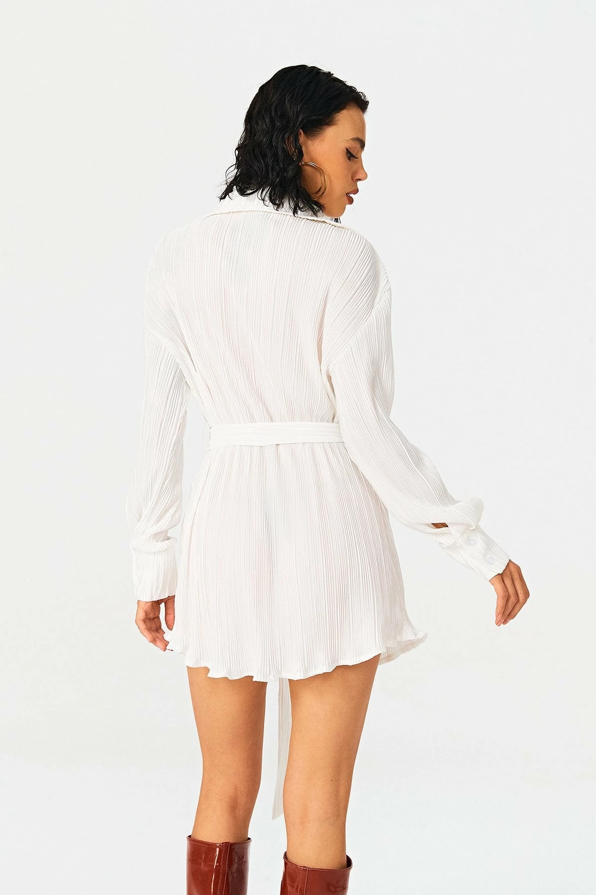 Solado Lapel Neck Pleat Lettuce Trim Long Sleeve Mini Dress With Belt 3 Solado Lapel Neck Pleat Lettuce Trim Long Sleeve Mini Dress With Belt - Image 3