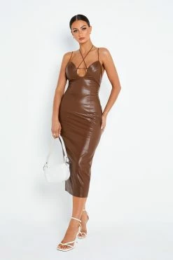 SOLADO Cross Front Keyhole Bodycon PU Leather Midi Dress