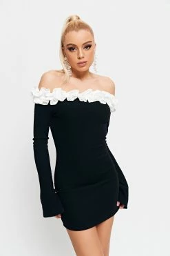 SOLADO Off Shoulder Colorblock Trim Split Cuff Mini Dress