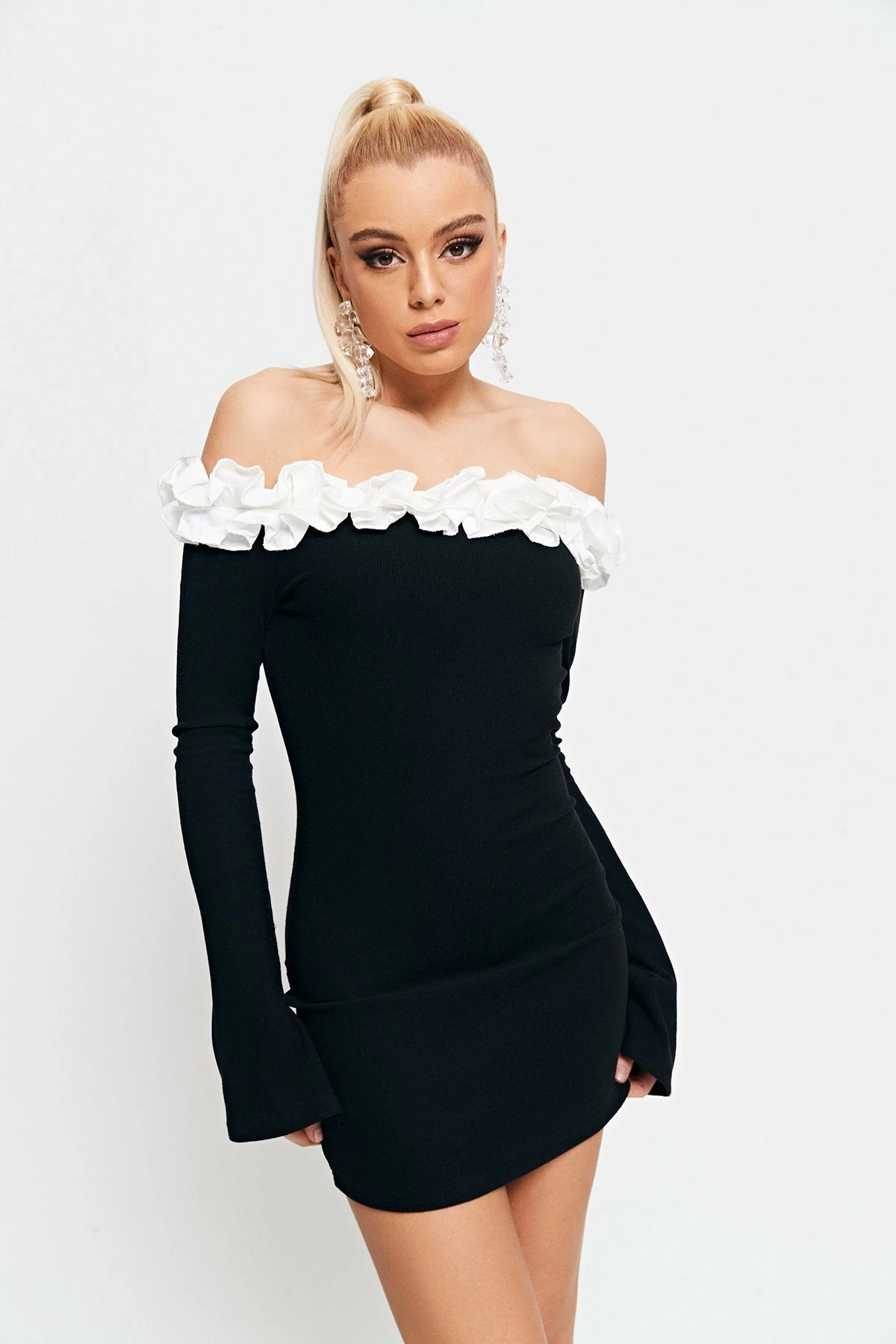 SOLADO Off Shoulder Colorblock Trim Split Cuff Mini Dress 1 SOLADO Off Shoulder Colorblock Trim Split Cuff Mini Dress