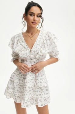 Solado Puff Sleeve Layered Ruffle Trim Floral Print Mini Dress