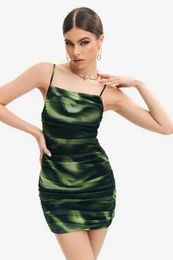 Solado Abstract Print Mesh Ruched Mini Dress