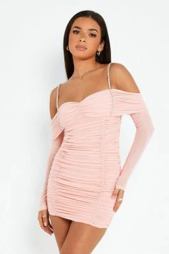 SOLADO Cold Shoulder Rhinestone Decor Mesh Mini Dress