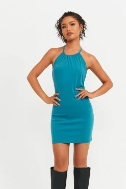 Solado Halter Neck Backless Solid Bodycon Mini Dress