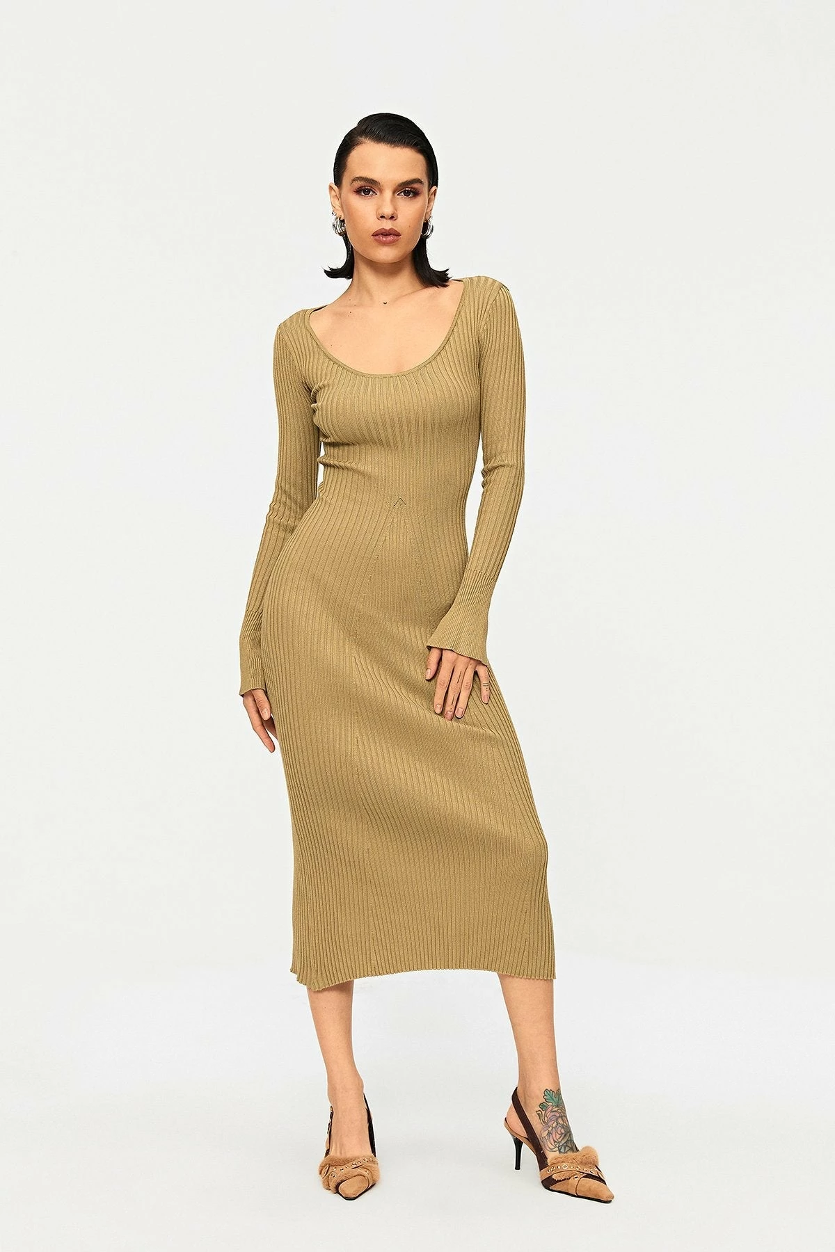 Solado Plunging Neck Stripe Knit Mermaid Sweater Dress 2 Solado Plunging Neck Stripe Knit Mermaid Sweater Dress - Image 2