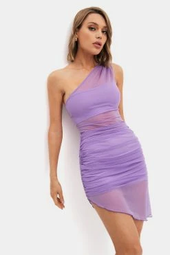 SOLADO One Shoulder Mesh Asymmetrical Hem Midi Dress