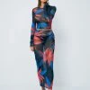 SOLADO Mesh Floral Print Long Sleeve Maxi Dress Without Waist Chain