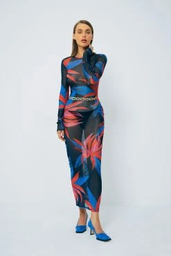 SOLADO Mesh Floral Print Long Sleeve Maxi Dress Without Waist Chain