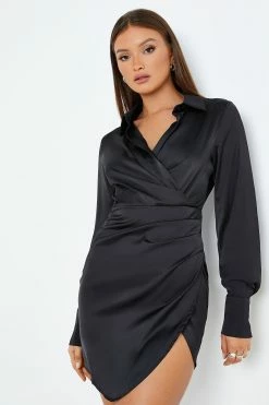 Solado Cross Wrap Asymmetrical Hem Long Sleeve Shirt Dress