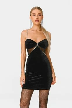 Alternative view of SOLADO Plunging Neck Rhinestone Decor Mesh Splicing Mini Dress