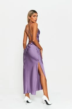 SOLADO Cowl Neck Split Hem Lace Up Open Back Maxi Dress