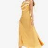 Solado Satin Draped Side Split Cowl Neck Midi Dress
