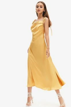 Solado Satin Draped Side Split Cowl Neck Midi Dress