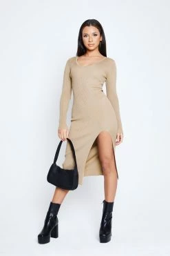 Solado Ribbed Knit Split Hem Long Sleeve Sweater Dress