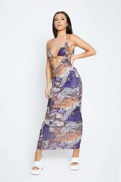 Solado Plunging Neck Abstract Print Open Back Maxi Dress