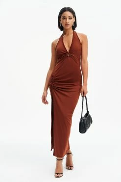 Solado Ruched Backless Slit Hem Maxi Dress