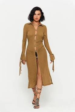 SOLADO Split Hem Open Back Long Sleeve Maxi Dress